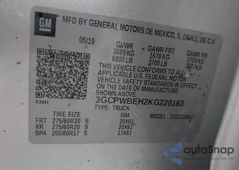 2019 Chevrolet Silverado 1500 Custom из США, поврежденный, VIN 3GCPWBEH2KG228183